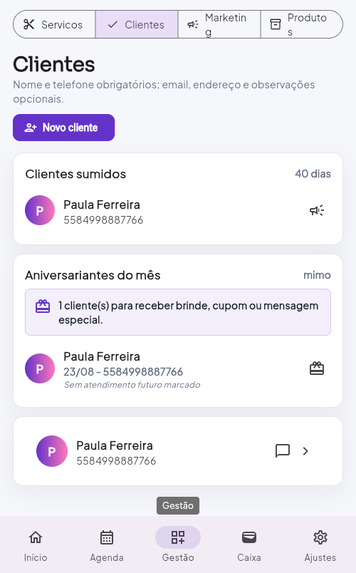 Tela de Clientes mostrando aniversariantes do mês e clientes sumidos