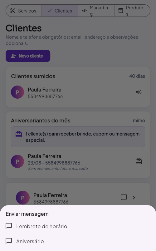 Tela de Clientes com opção de enviar lembrete pelo WhatsApp em um toque