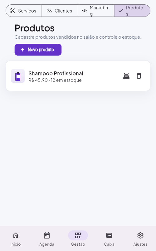 Tela de Produtos no app do Dono com foto e estoque do Shampoo Profissional