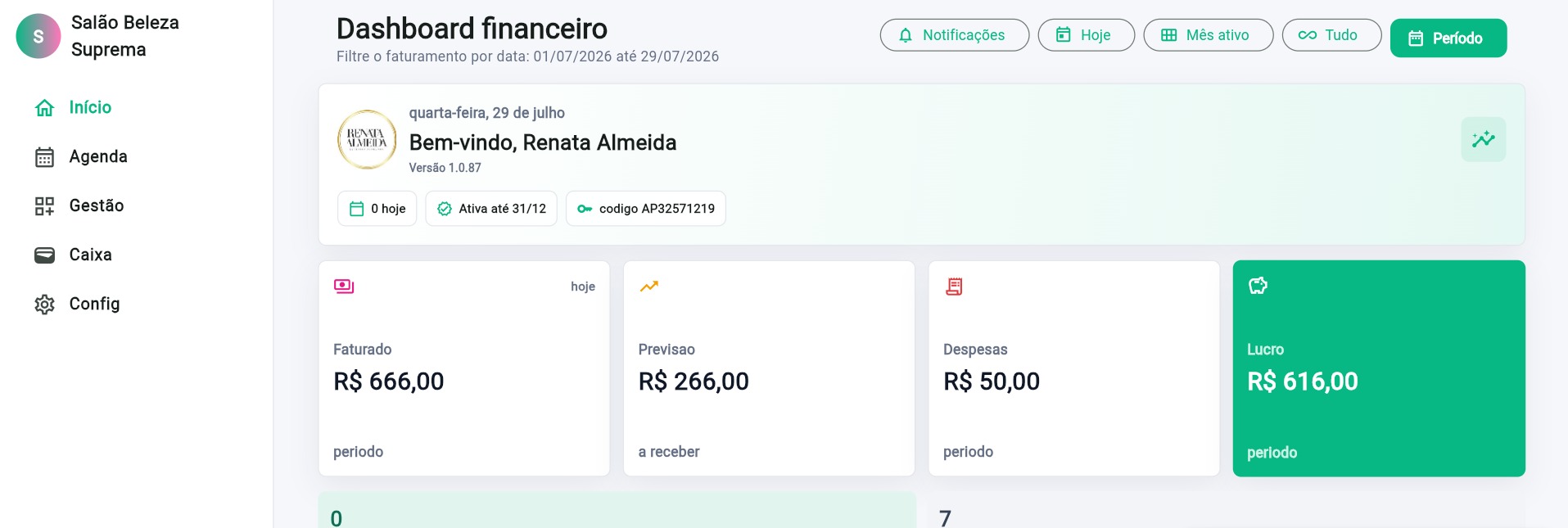 Painel financeiro do Agenda Bom funcionando no navegador do computador